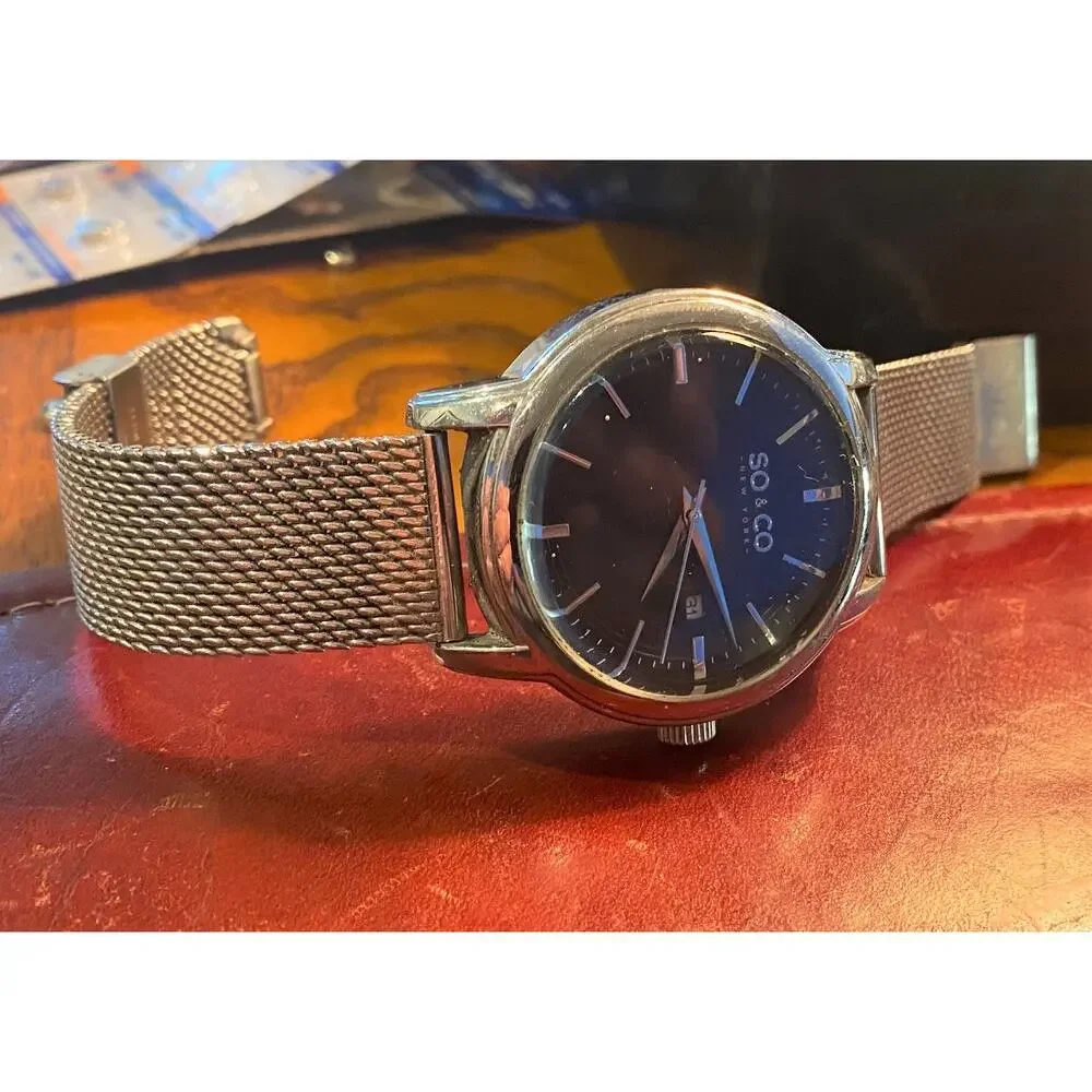 Men's 42mm silver Tone SO & CO watch, Adjustable Mesh Band, Date